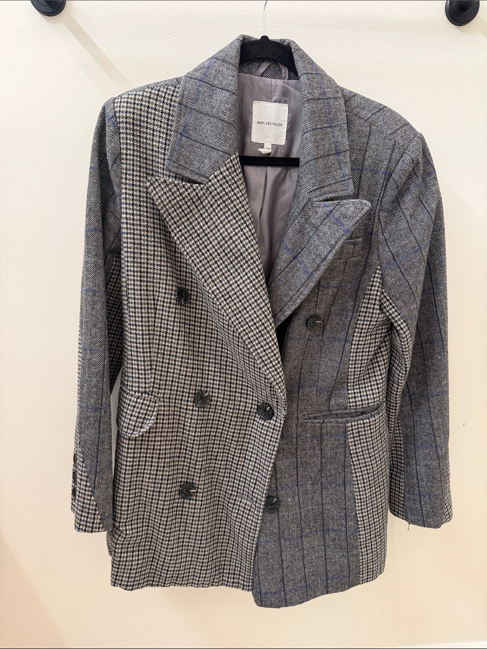 Avec Les Filles Gray Mixed-Pattern Double-Breasted Blazer
